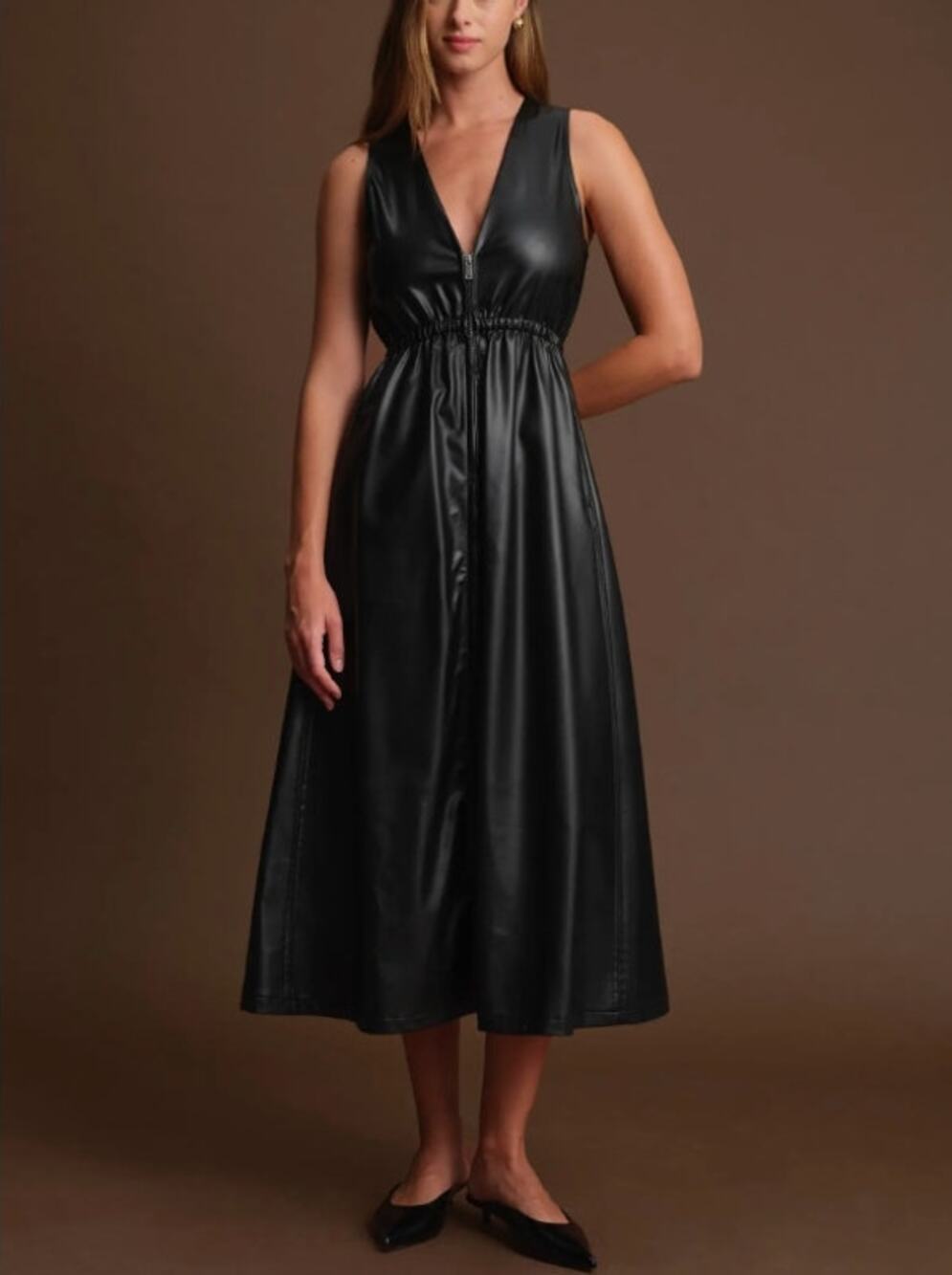 Deluc Dominic Faux Leather Black Maxi Dress Sz Large NWT Elastic Waist Front Zip